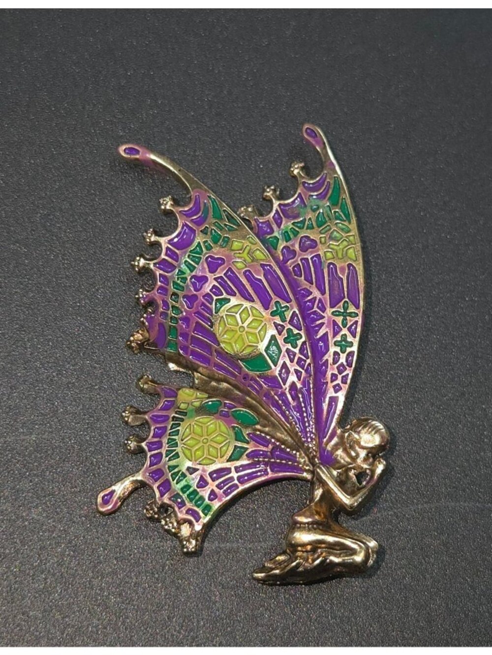 Fairy Butterfly Brooch With Purple & Green Enamel Wings Gold-Tone Metal Pin, 2"